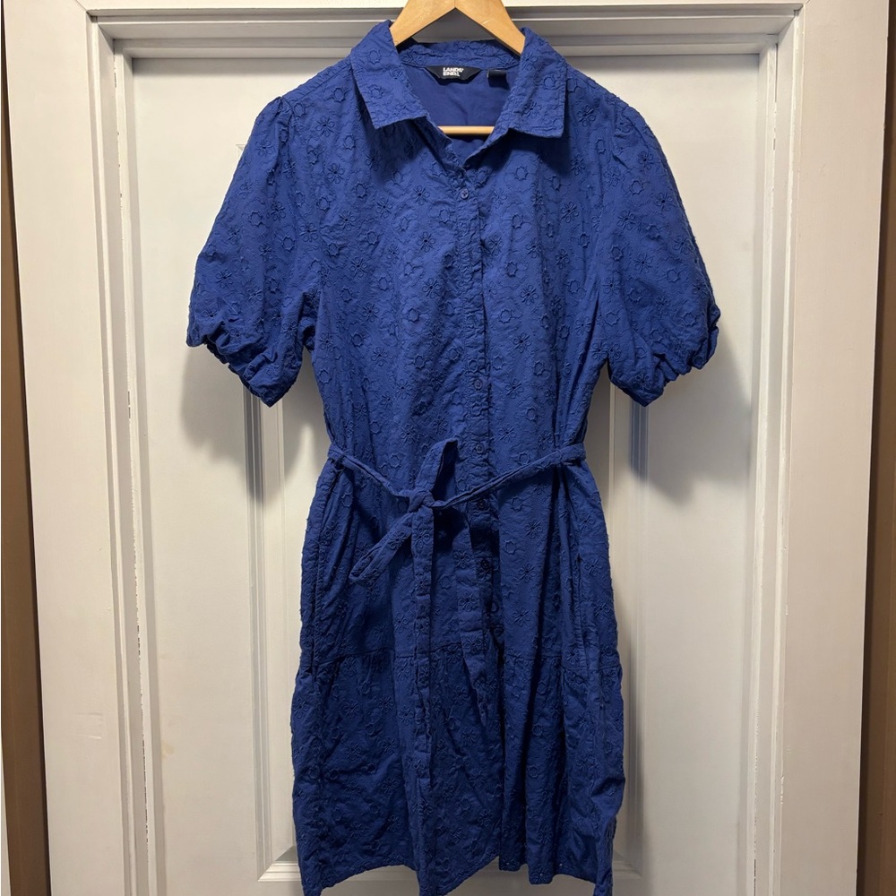 Lands’ End Blue Eyelet Fit and Flare Dress Size L
